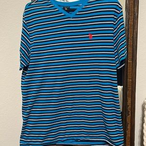 Men’s v neck polo. Blue and navy striped